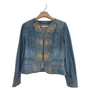 Kikit Jeans Jacket Denim Open Front Tan Floral Embroidery Size LARGE